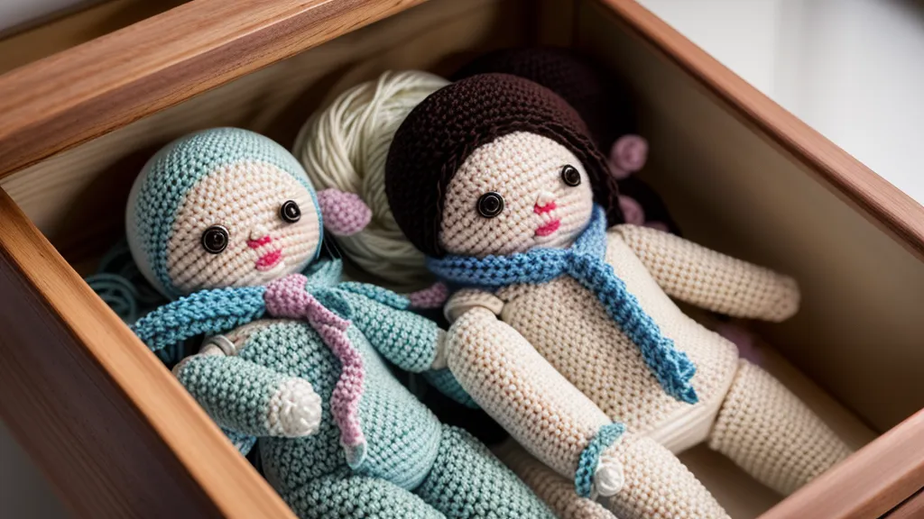 Cajón de errores de crochet con amigurumis inacabados y muestras de puntos de fantasía imperfectas.