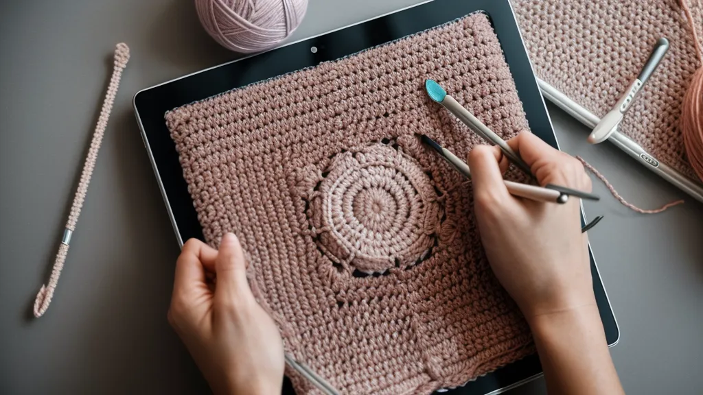 Tablet con clase guiada de técnicas de tejido en crochet junto a ovillos de lana.