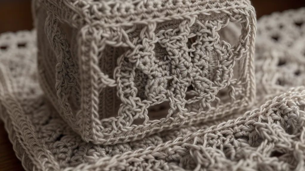 Pieza de crochet calado bloqueada con alfileres sobre esterilla tras el lavado.