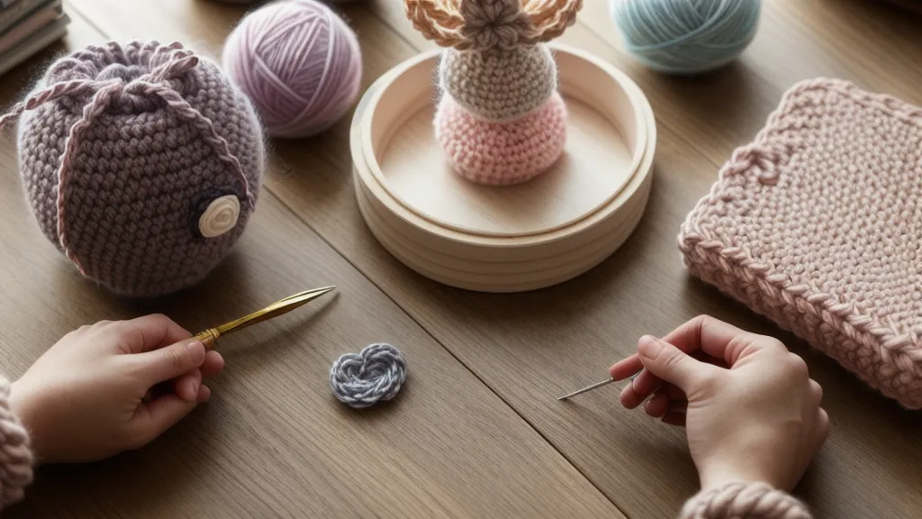 Amigurumi de conejo terminado con cara bordada simétrica sentado en un estante