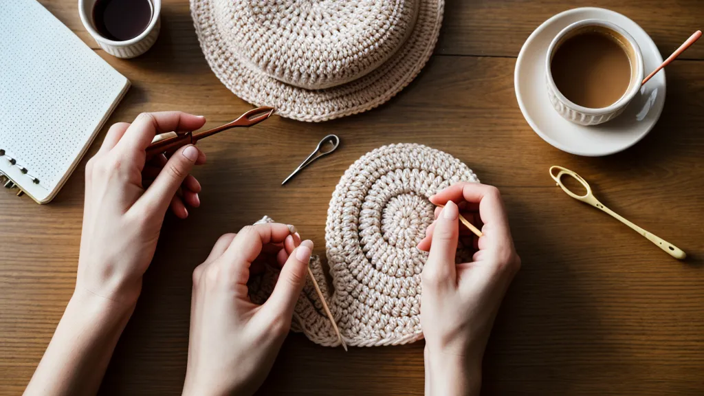 Detalle de la punta pulida de una aguja de crochet ergonómica trabajando un punto de amigurumi