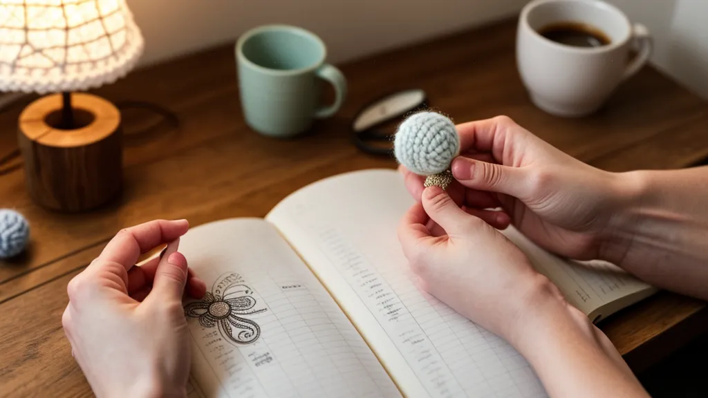 Cajón de piezas de crochet inacabadas junto a agujas ergonómicas de prueba