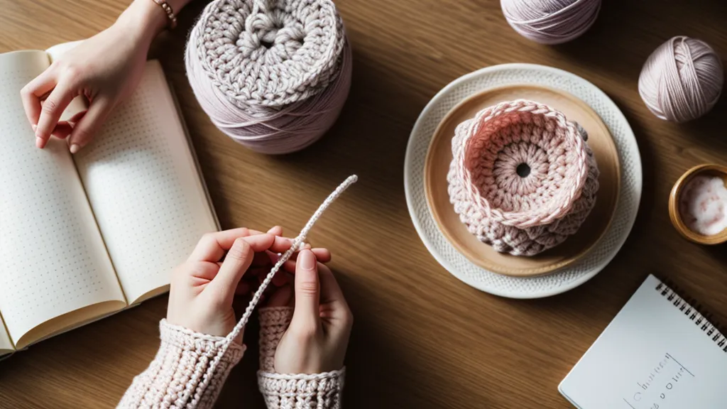 Aguja de ganchillo y lana azul sobre un patrón de crochet anotado a mano