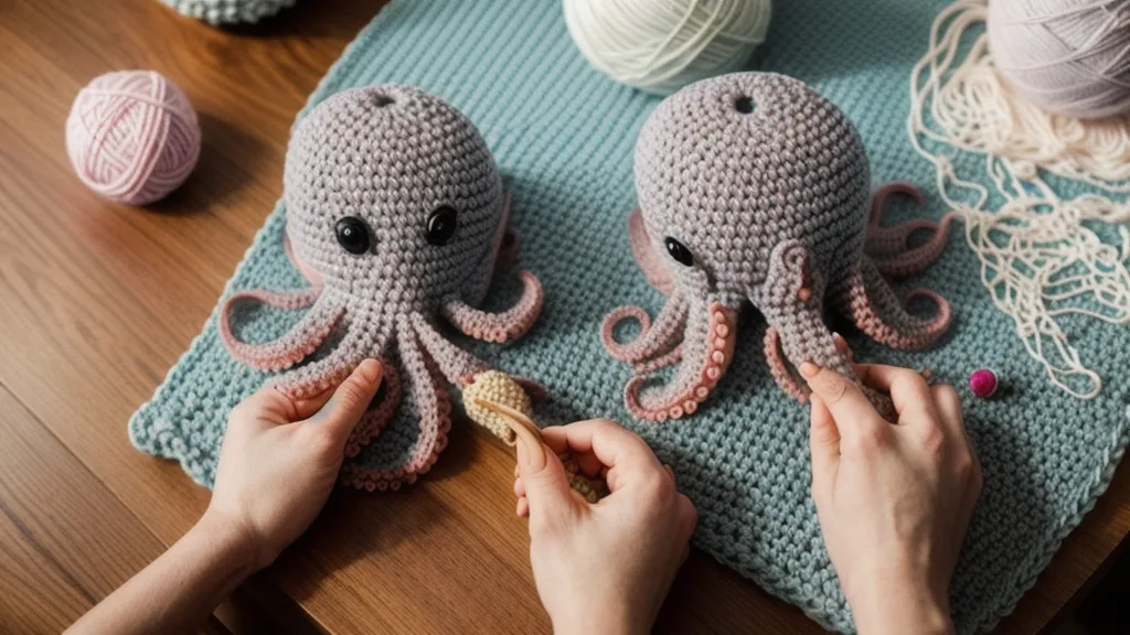 Amigurumi de conejo con relleno desigual y puntos estirados, ejemplo típico de bultos por mal relleno textil.