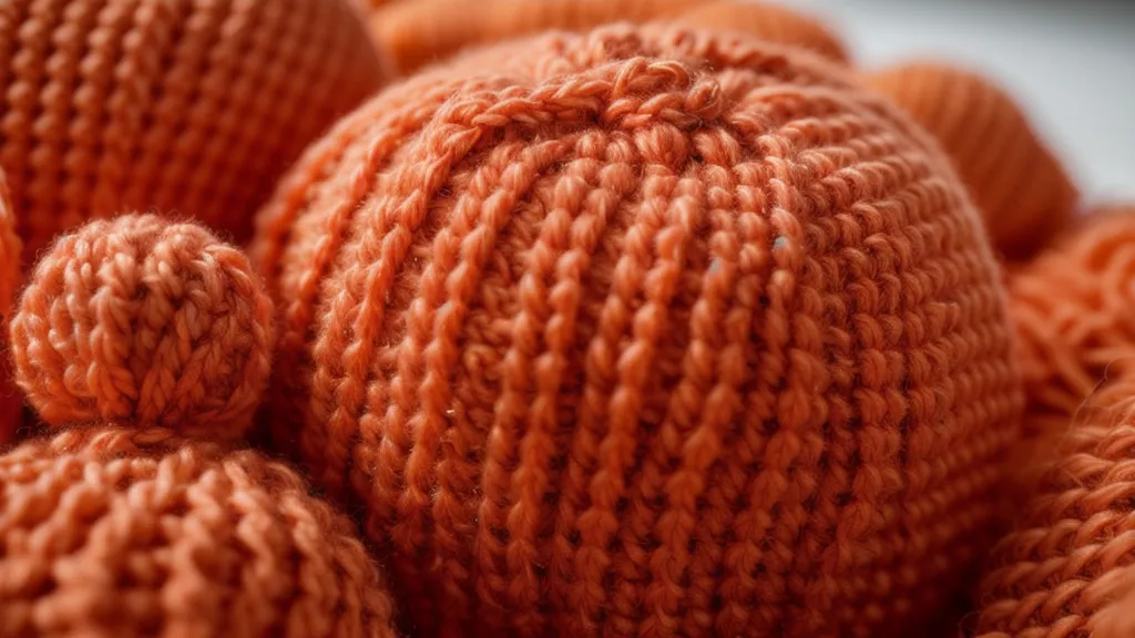 Detalle de los puntos de un amigurumi tejido con algodón mercerizado brillante.