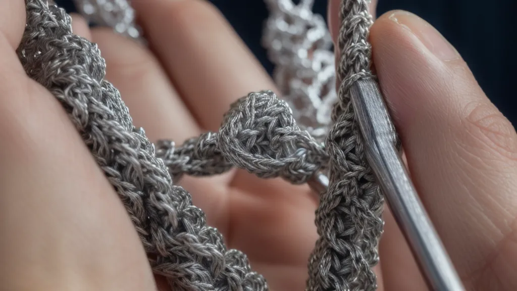 Ganchillo metálico atravesando un punto de crochet muy apretado en hilo azul.