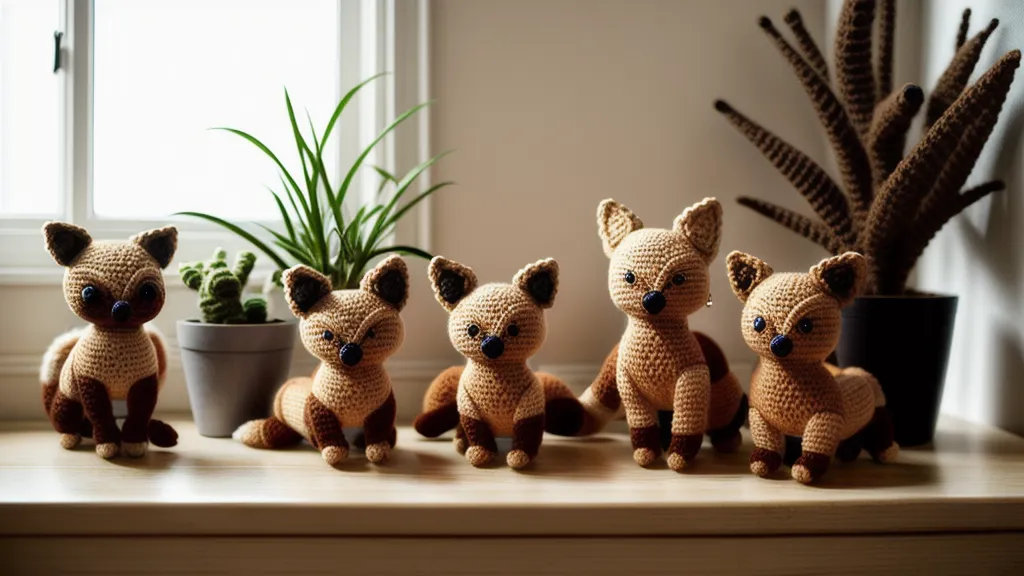 Tres zorros amigurumi de distintos tamaños expuestos en una estantería de madera.