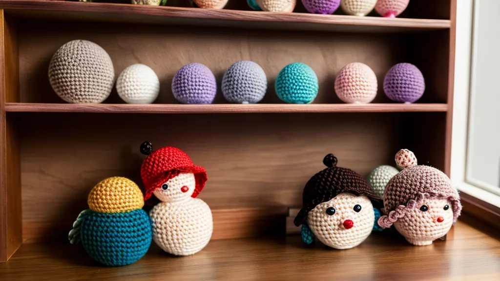 Estante con amigurumis terminados mostrando aumentos y disminuciones simétricas bajo luz cálida