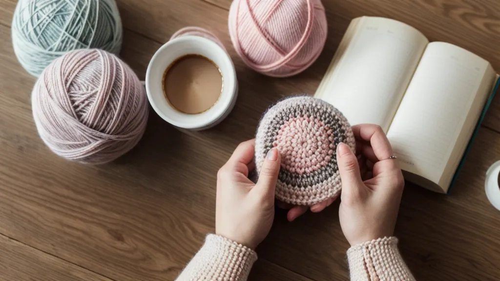 Primer plano de un gancho de 4mm aplicando la técnica de amigurumi en un punto de lana mostaza