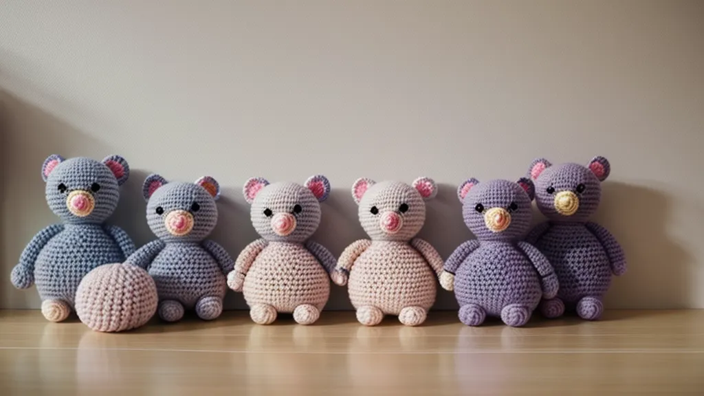 Estante con amigurumis terminados de textura cerrada y firme, ya sin puntos sueltos