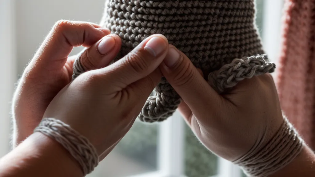 Manos sosteniendo la tensión del hilo al tejer piezas pequeñas de amigurumi marino