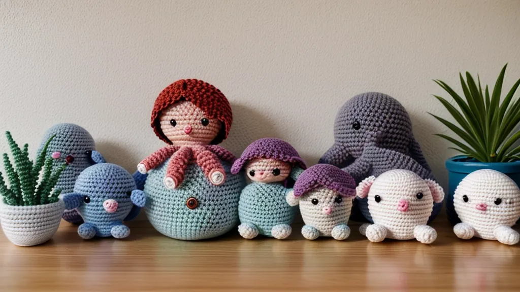 Colección de amigurumis de animales marinos terminados en un estante, resultado de comparar patrones y curso