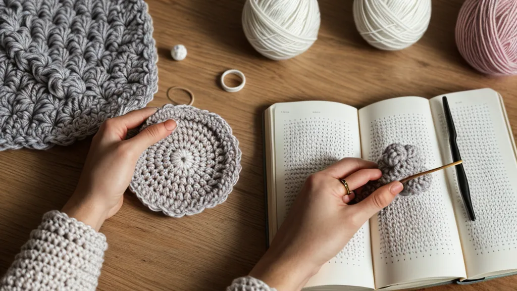 Detalle de gancho de 4mm cerrando un punto de amigurumi durante la práctica de crochet