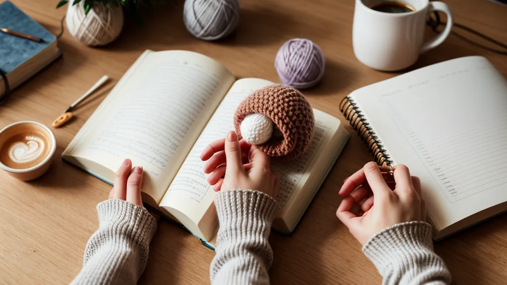 Amigurumis de crochet terminados expuestos en una estantería de madera con libros