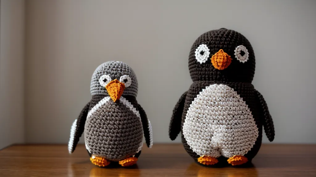 Amigurumi de pingüino con pelusas y superficie desgastada por usar acrílico de baja calidad