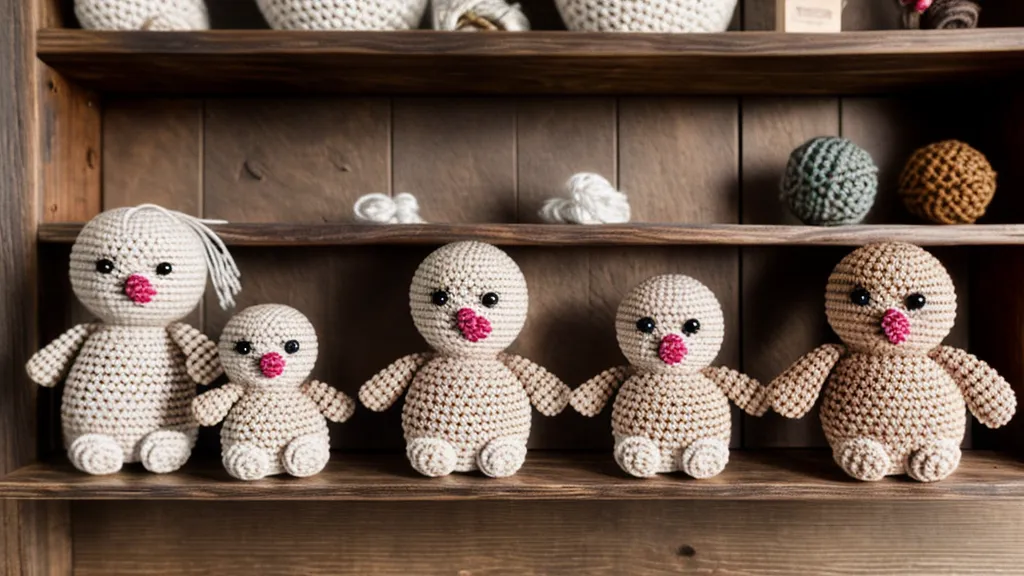 Varios amigurumis hechos a mano en distintos hilos, mostrando cómo envejece cada material con el tiempo
