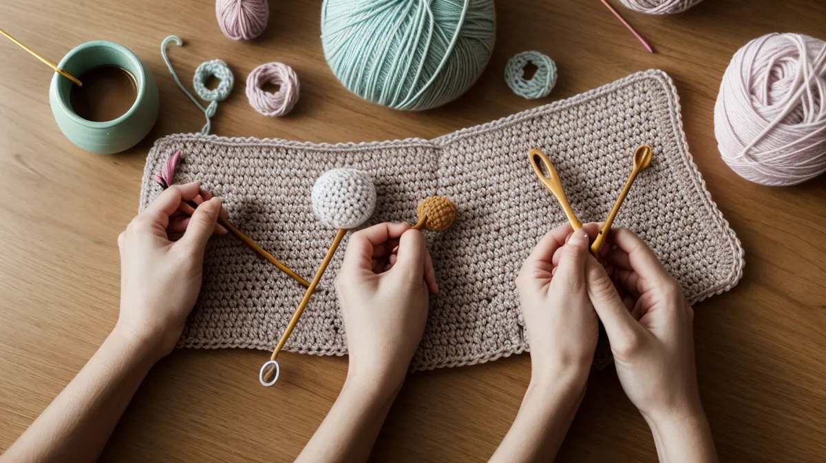 Amigurumi de crochet a medio tejer sobre una mesa de madera, ejemplo de la técnica textil que practico los sábados en Granada