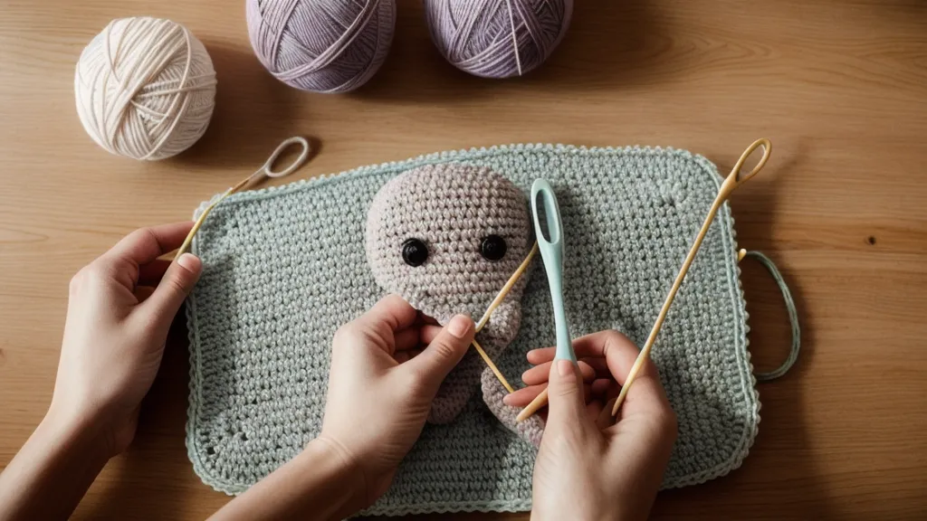 Tableta con un patrón de crochet en pantalla junto a amigurumis terminados, referencia de las abreviaturas al tejer