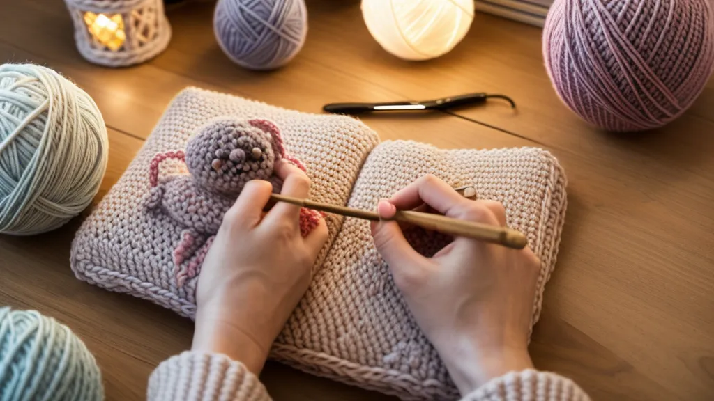 Cesta de mimbre con ovillos de lana y un amigurumi terminado, resultado de este hobby textil