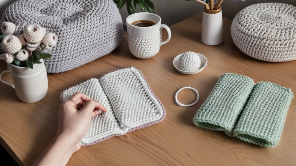 Gancho y lana sobre la mesa de una aficionada al crochet practicando patrones de amigurumis