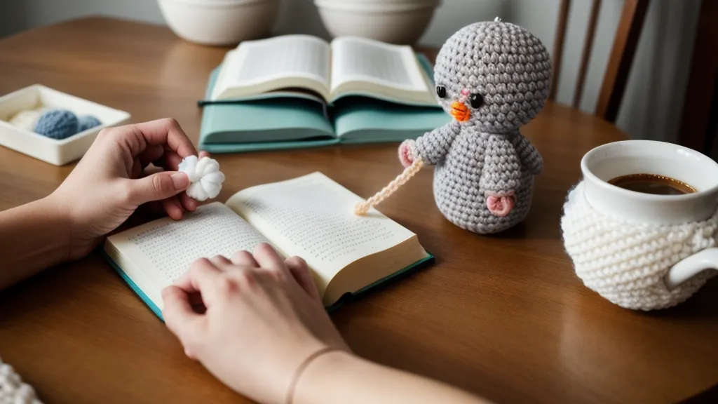 Patrones de amigurumis a medio terminar junto a notas de errores de una sesión de técnica de crochet
