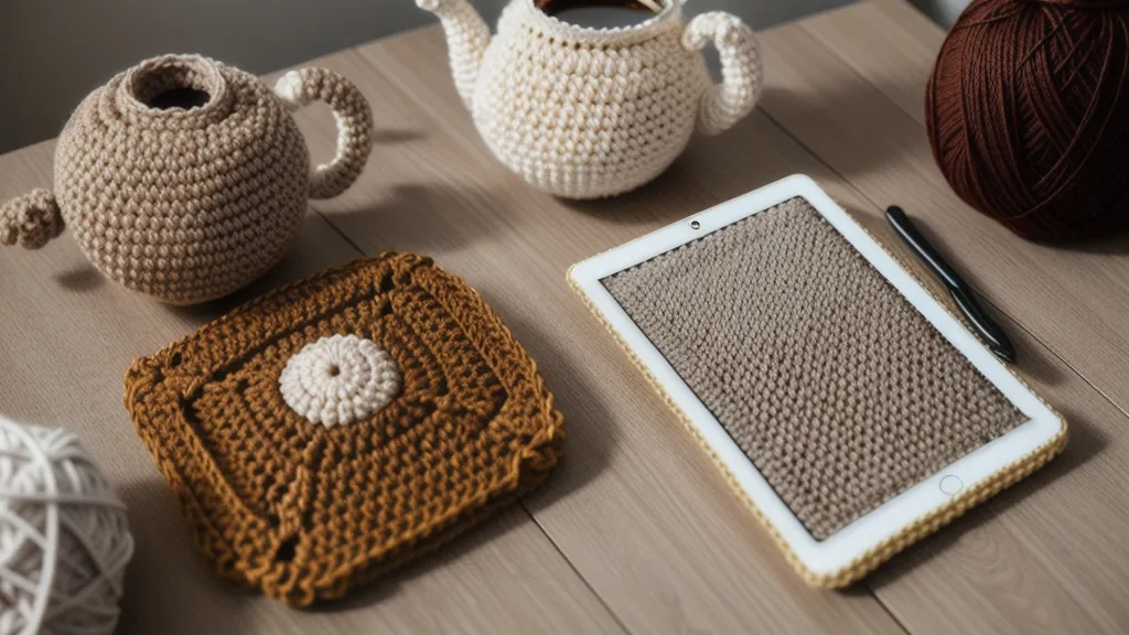 Patrón de amigurumis digital abierto en una tablet junto al gancho durante una práctica de crochet