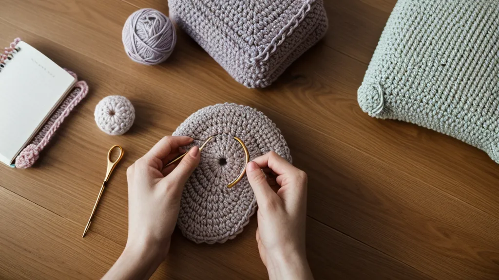 Tablet con un curso de crochet premium rodeada de ovillos de lana pastel