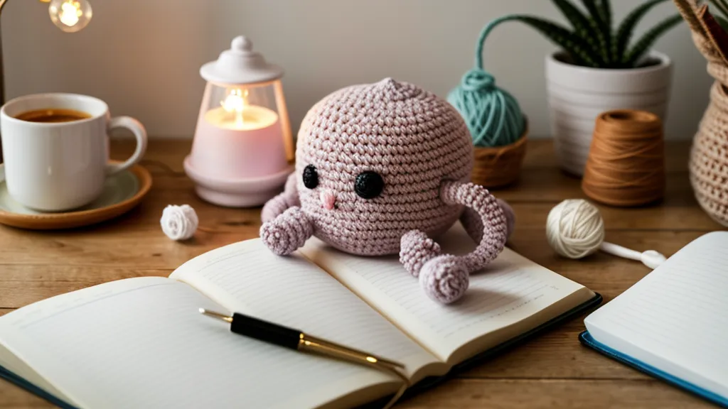 Tableta con lección de crochet premium abierta junto a ovillos de lana agrupados por color