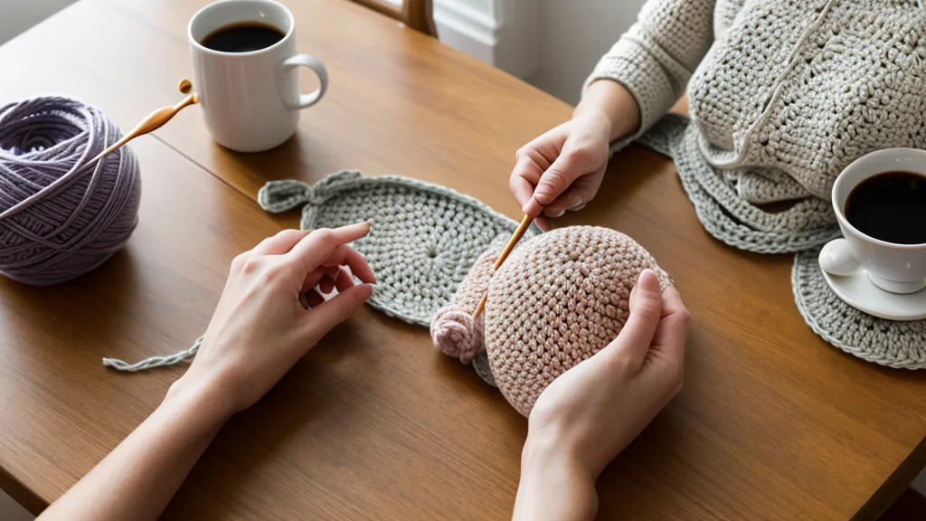 Manos estirando la muñeca después de tejer puntos con relieve en una sesión de amigurumi