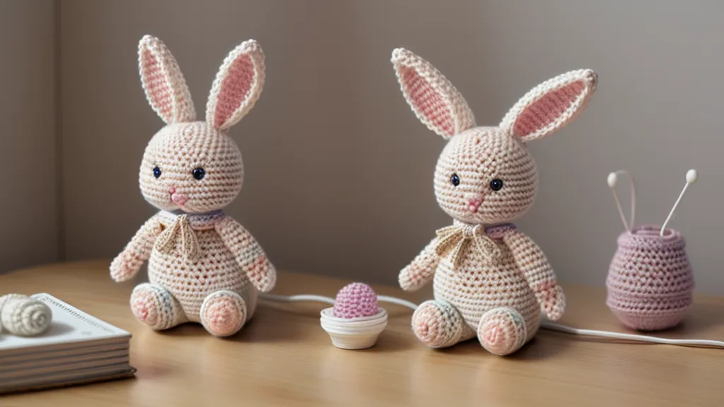 Conejo amigurumi de crochet en algodón crema junto a un estuche de rubor compacto para maquillar el tejido
