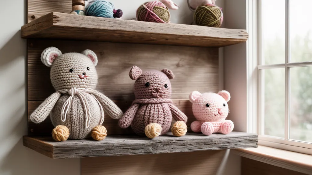Estante con amigurumis terminados y maquillados con rubor, acabado natural en crochet