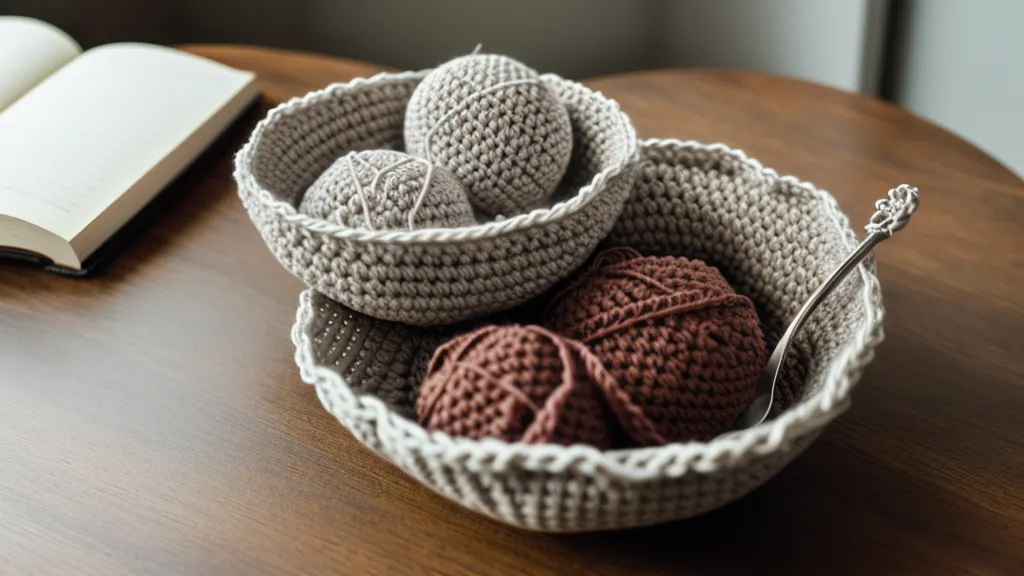Cesta de amigurumi deformada sobre una mesa de madera, antes de aplicar técnicas naturales de endurecido con gancho de 4mm