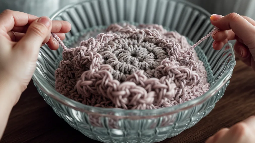 Manos sumergiendo una pieza de crochet casero en almíbar de agua y azúcar para endurecerla sin químicos