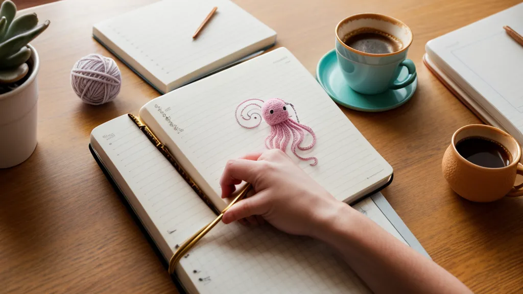 Mano señalando un diagrama de crochet técnico junto a una libreta de notas manuscritas